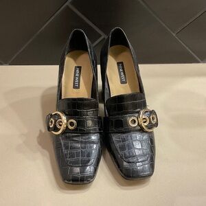 Nine West Black Croc-Patterned Flats with Gold Buckle